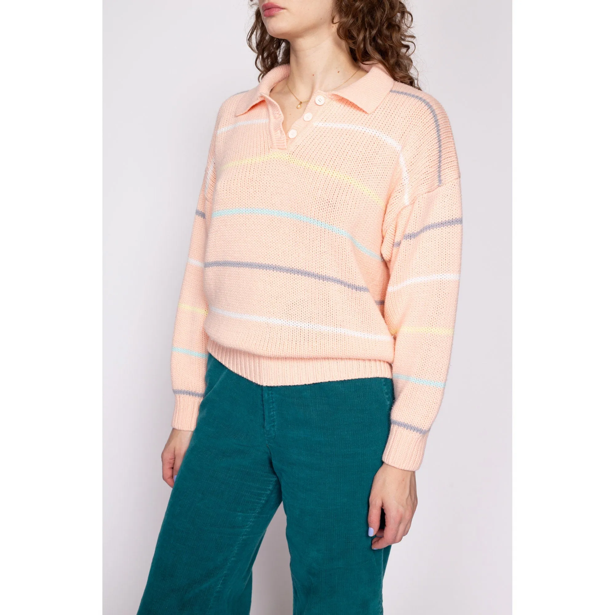 80s Striped Pastel Orange Henley Sweater - Medium