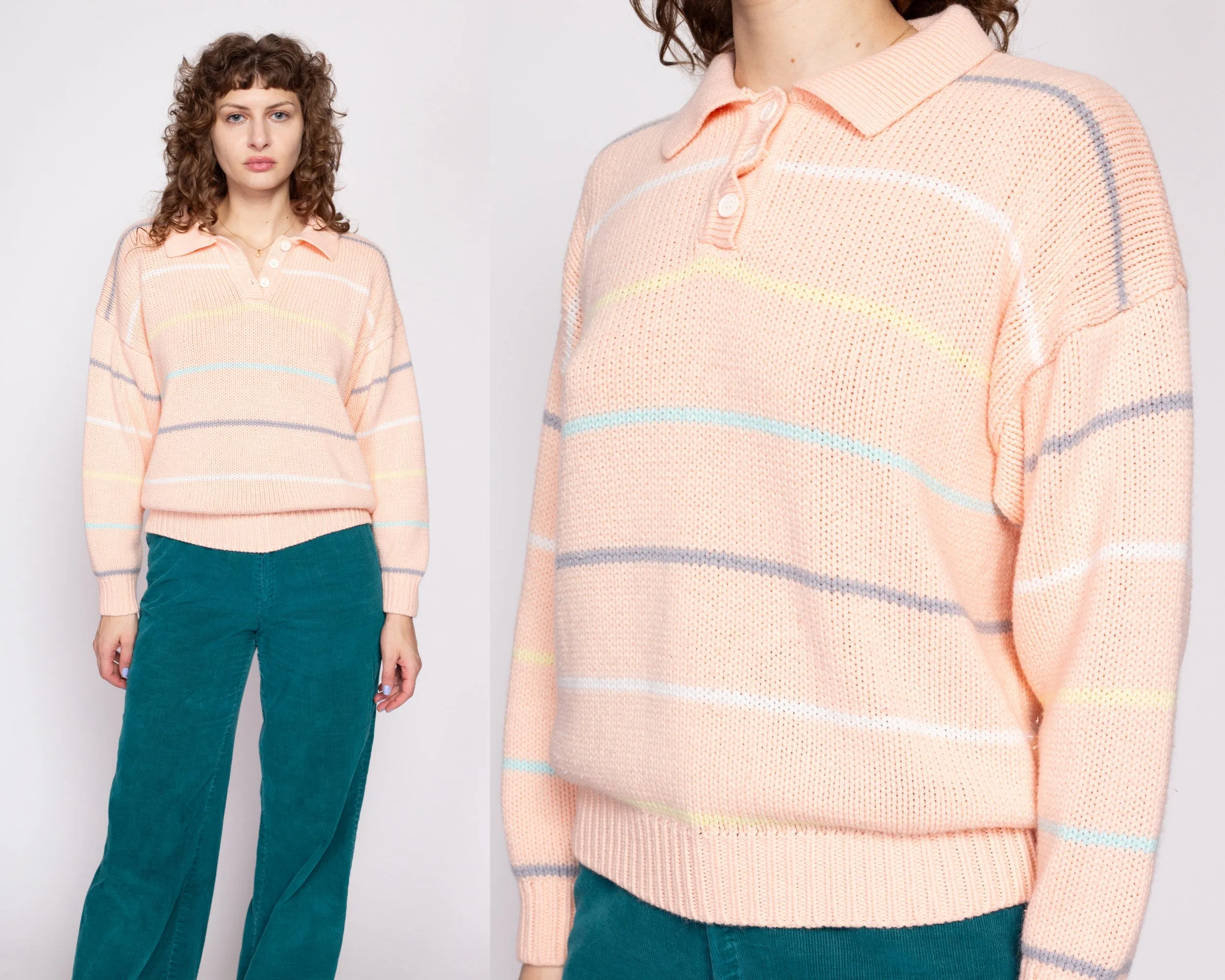 80s Striped Pastel Orange Henley Sweater - Medium