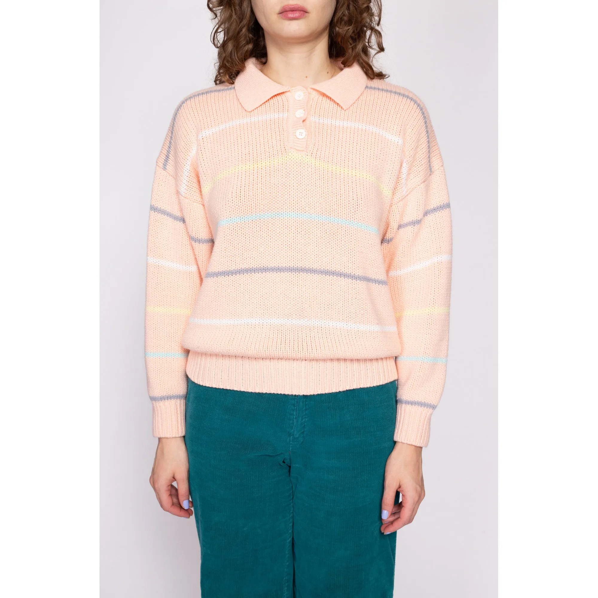 80s Striped Pastel Orange Henley Sweater - Medium