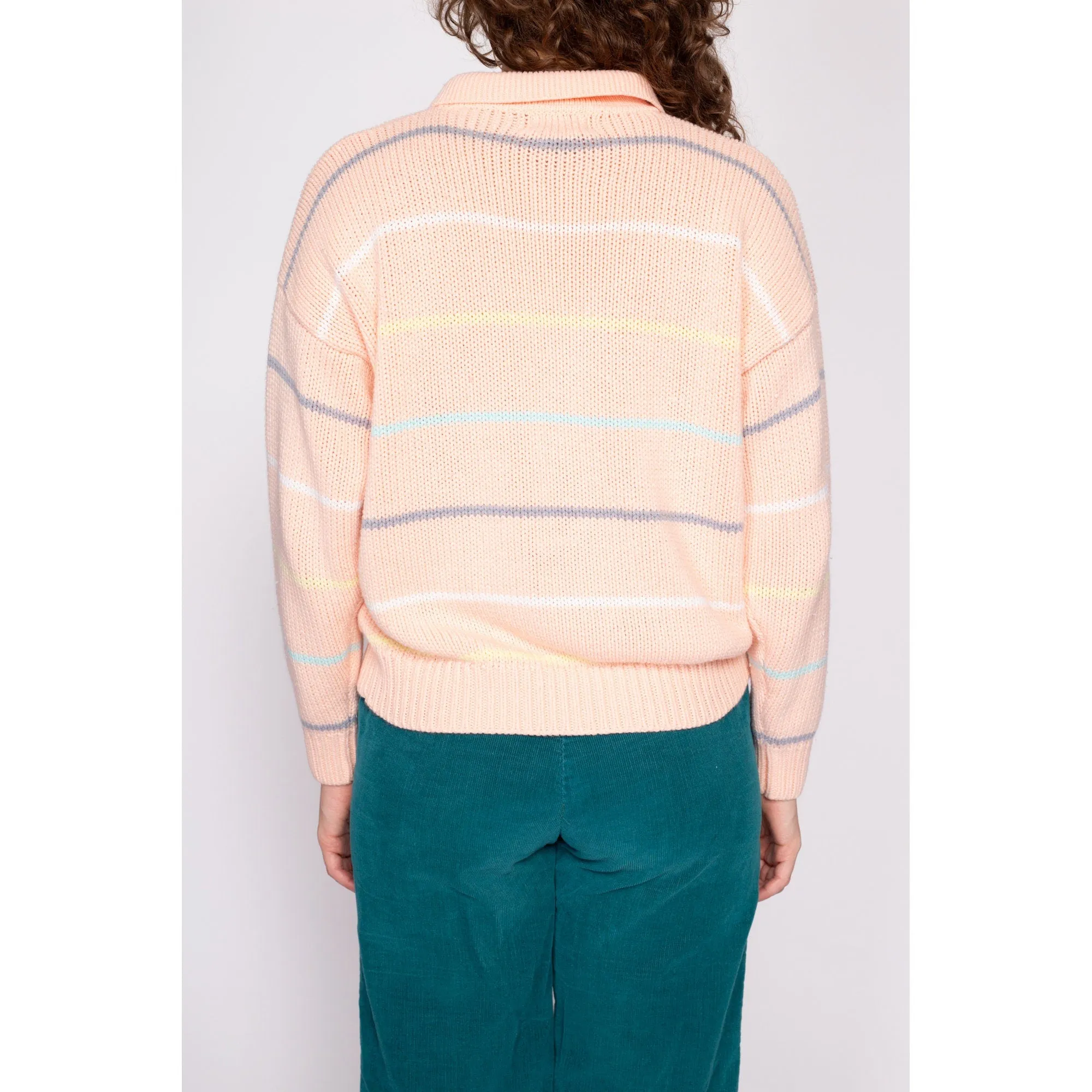 80s Striped Pastel Orange Henley Sweater - Medium