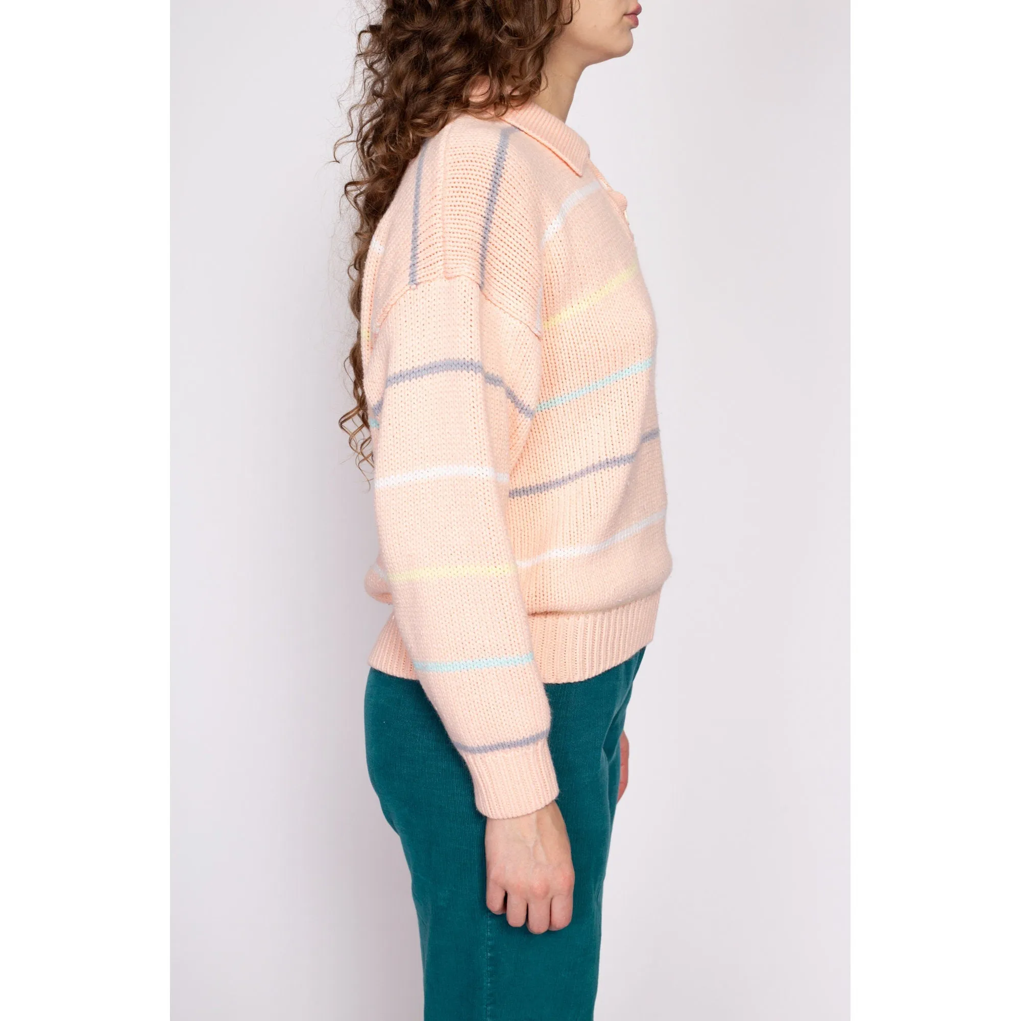 80s Striped Pastel Orange Henley Sweater - Medium