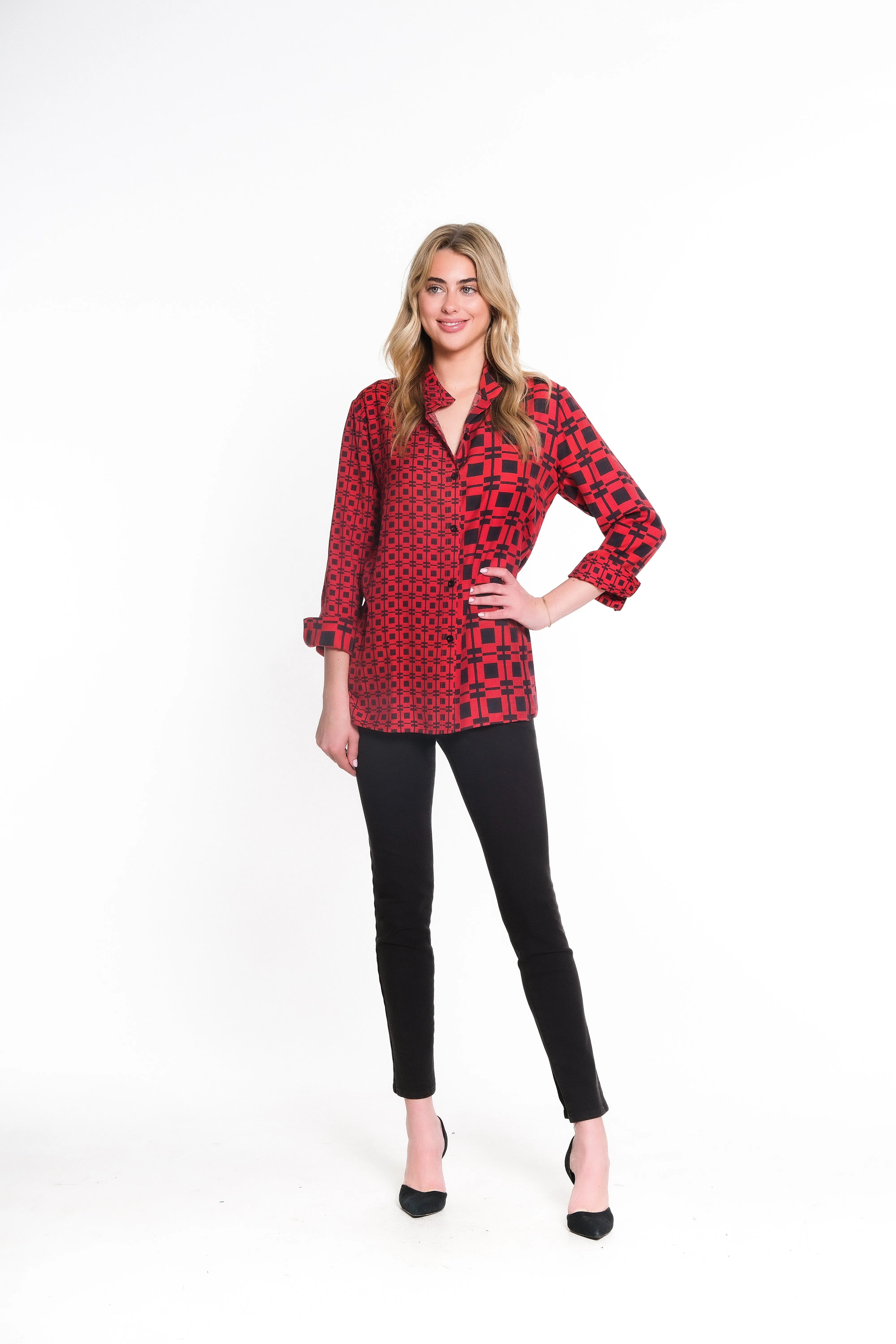 ABSTRACT CHECK BUTTON UP TUNIC - Red