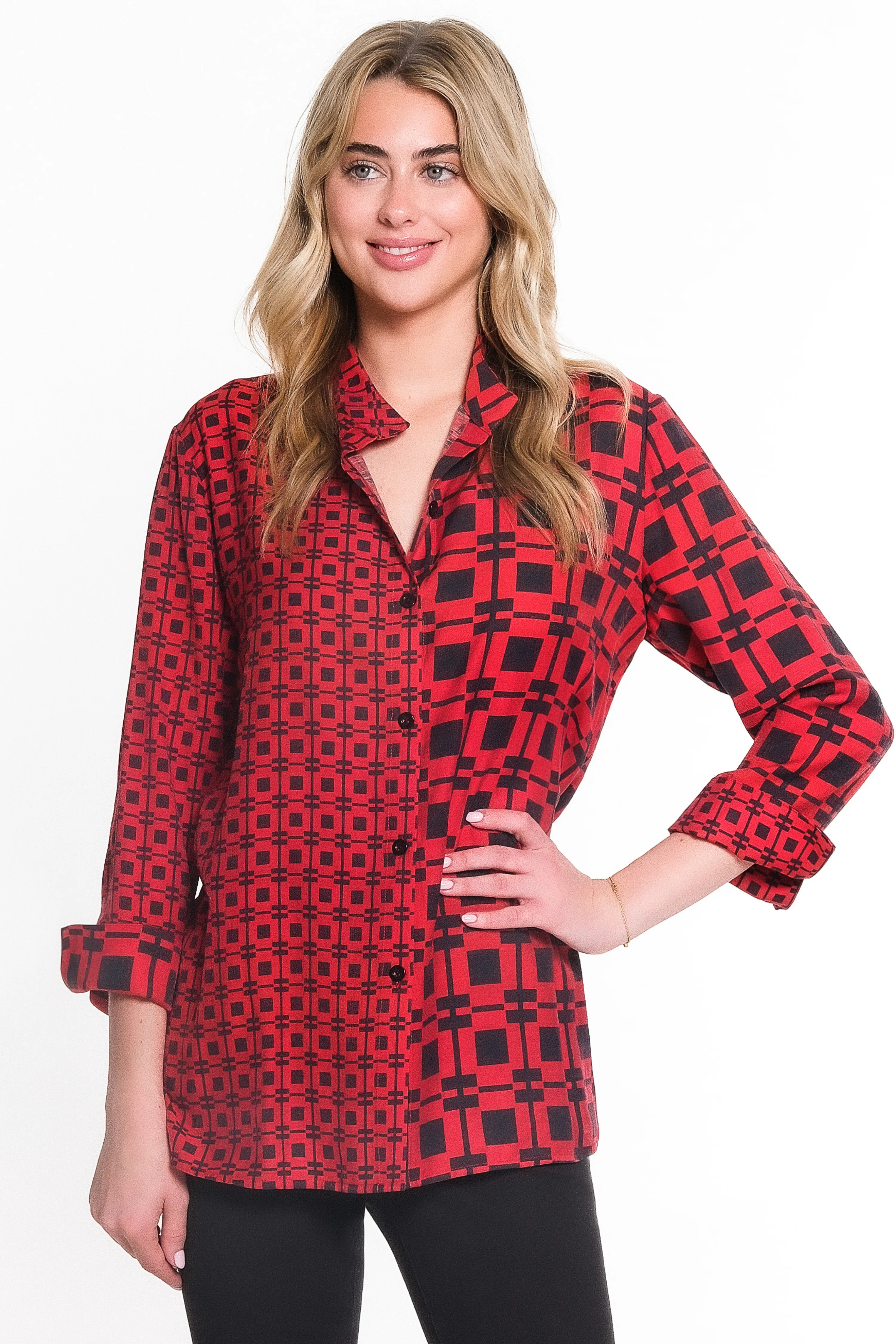 ABSTRACT CHECK BUTTON UP TUNIC - Red