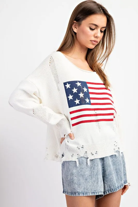 American Flag Distressed Sweater