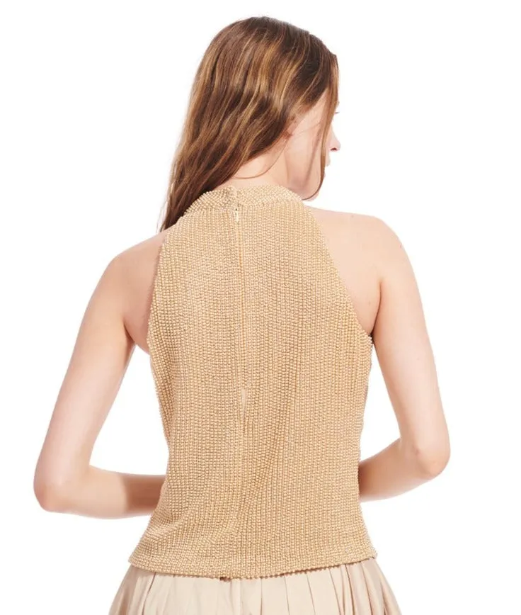 APRICOT AND HYDRENGEA PEARL ENCRUSTED SLEEVELESS MOCK NECK