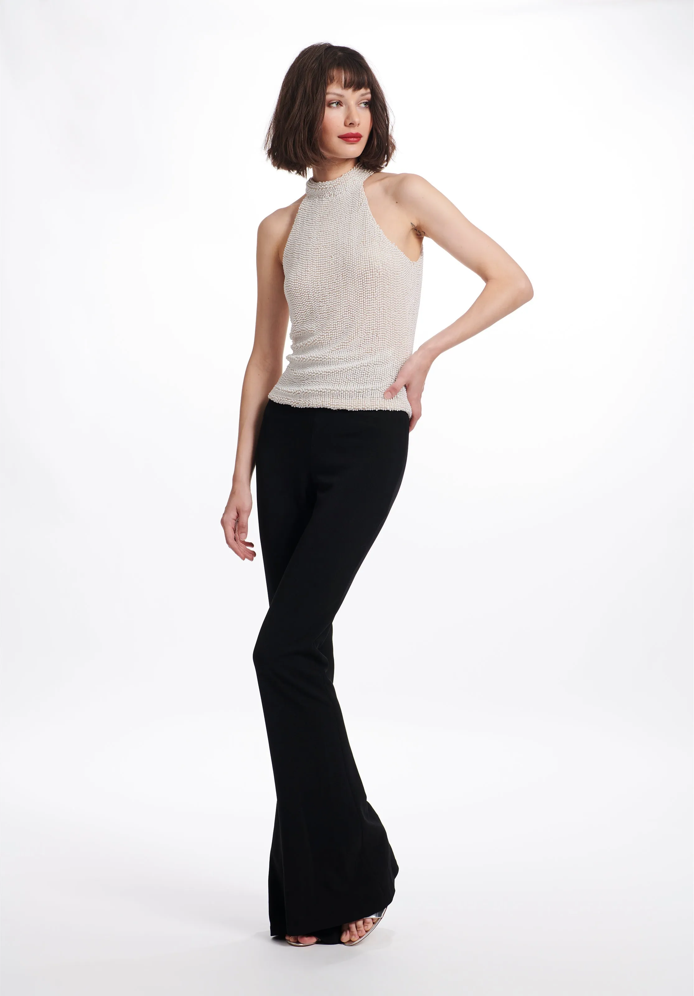 APRICOT AND HYDRENGEA PEARL ENCRUSTED SLEEVELESS MOCK NECK