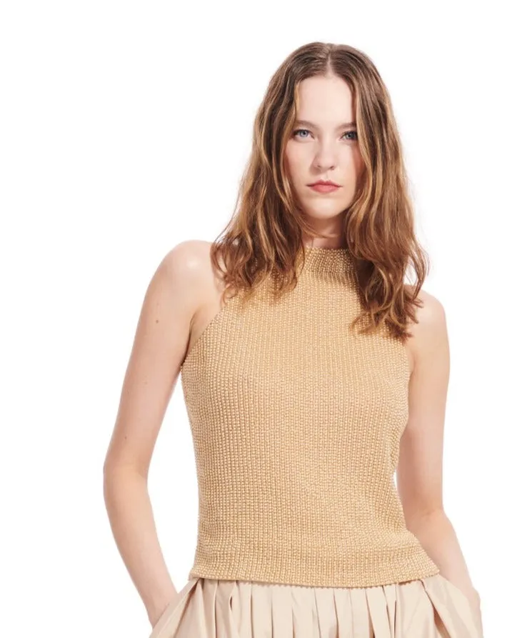 APRICOT AND HYDRENGEA PEARL ENCRUSTED SLEEVELESS MOCK NECK