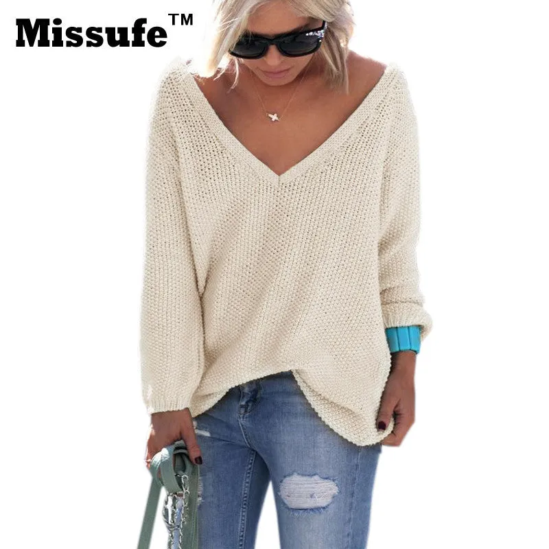 Autumn Winter Women Tops 2016 Sexy Casual Loose Long-sleeved V-neck Shirts Street Fashion Pullover Female Sweaters