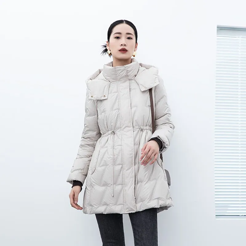 Beige Midi Length Goose Down Winter Jacket