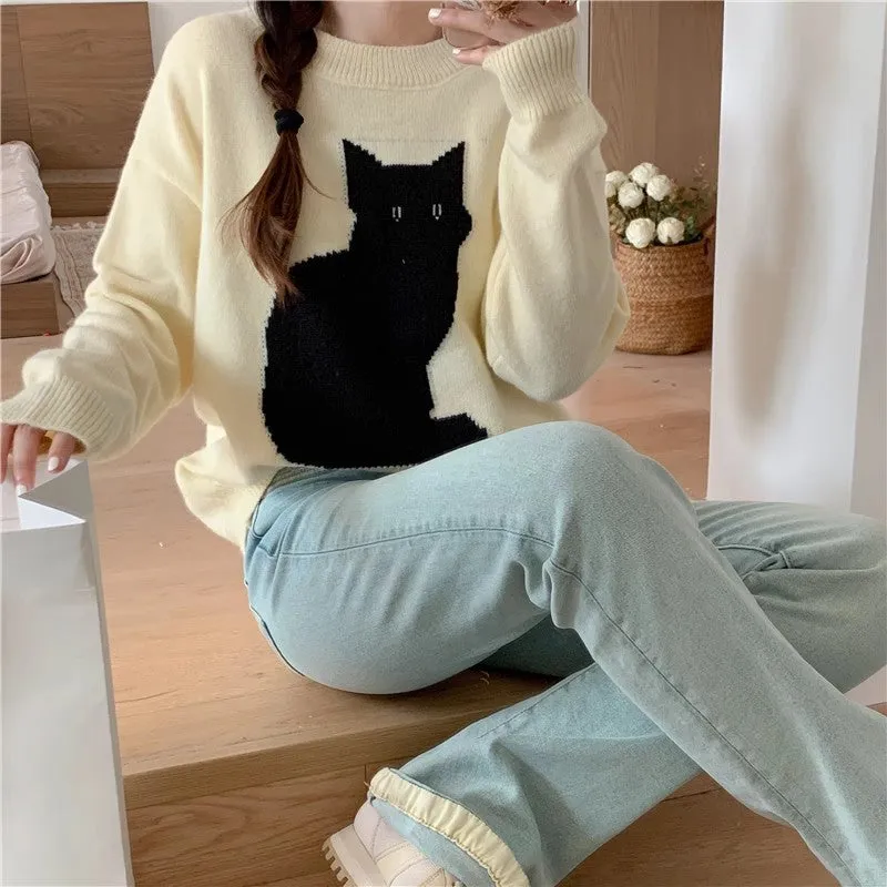 cartoon cat casual and fashionable round neck sweater    S4739