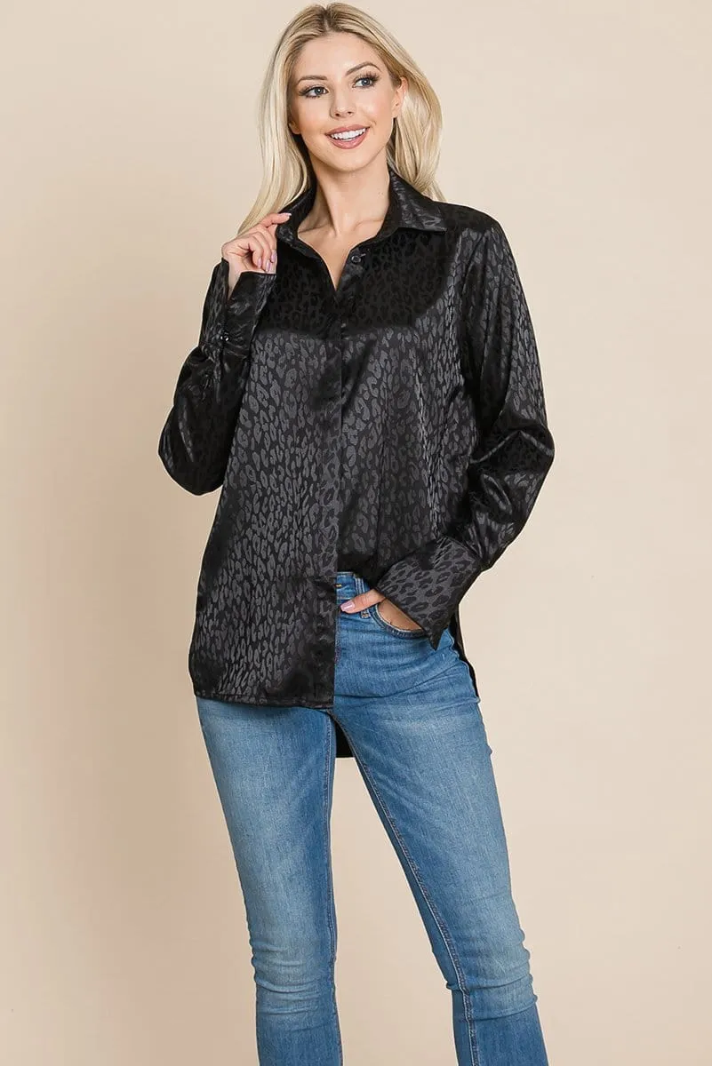 Casual Animal Print Satin Button up Shirts Blouse