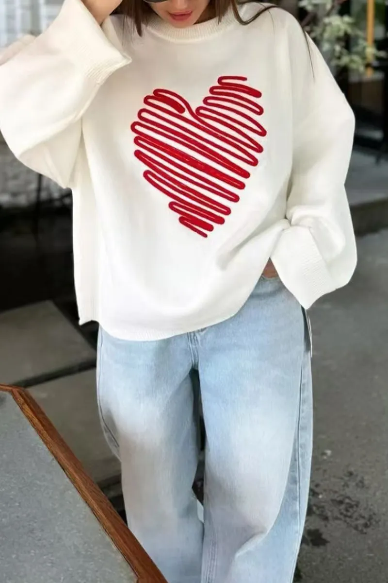 Casual Heart Shaped Patchwork Contrast O Neck Sweaters