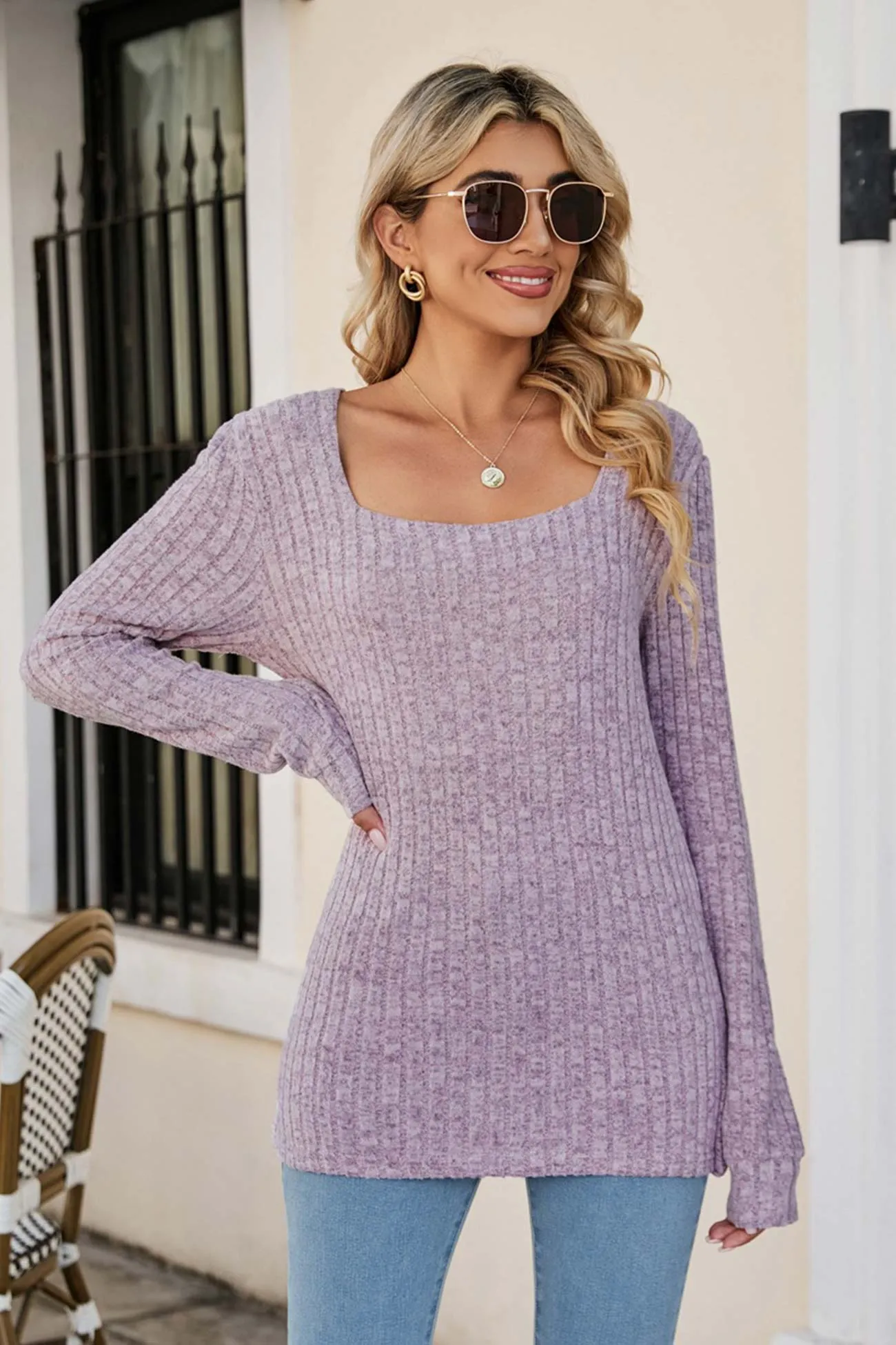 Casual Square Neck Ribbed Sweater