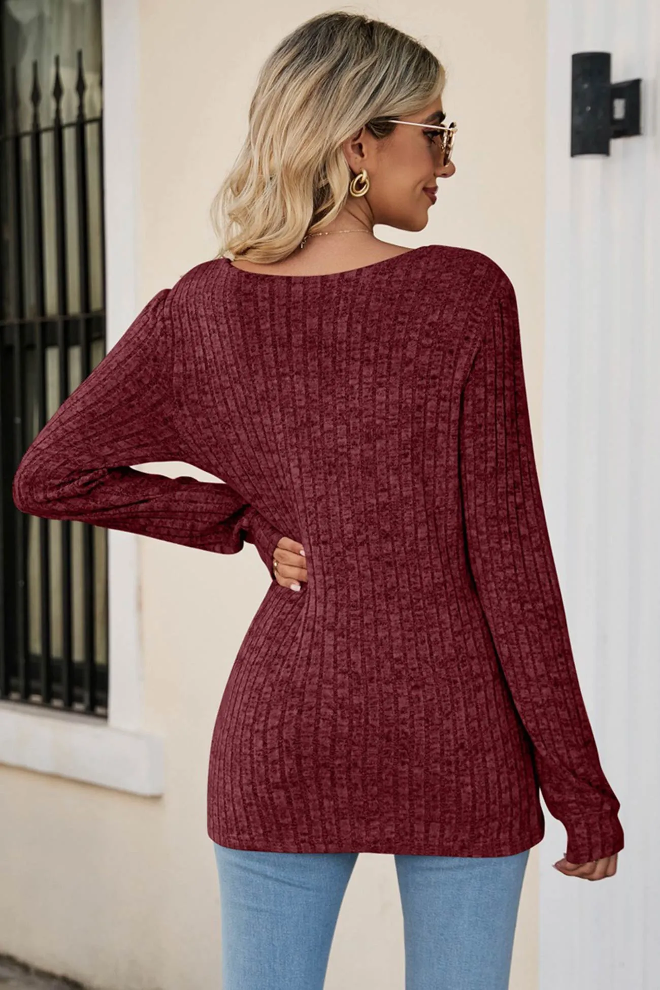 Casual Square Neck Ribbed Sweater