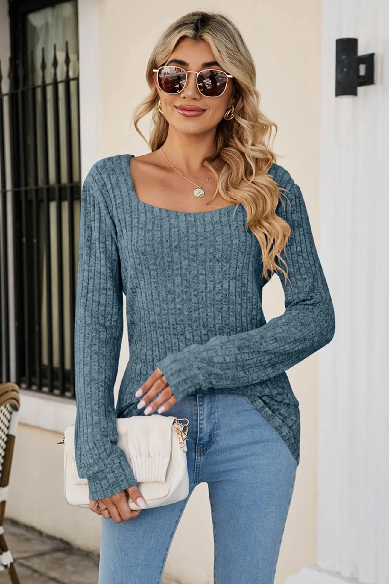 Casual Square Neck Ribbed Sweater