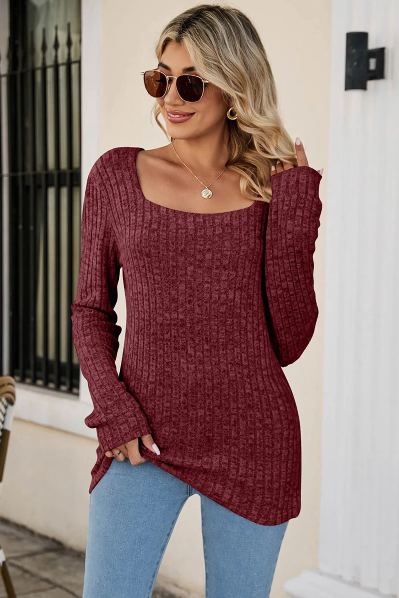 Casual Square Neck Ribbed Sweater