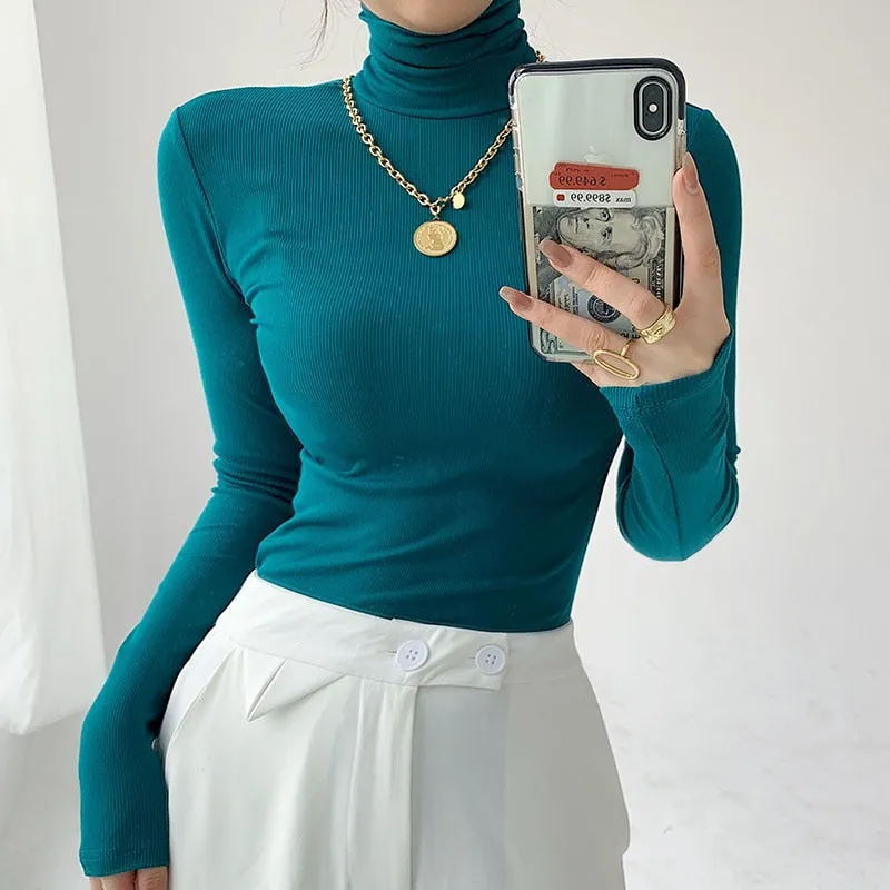 DressBetty - Slim Velvet Turtleneck Minimalist Tops