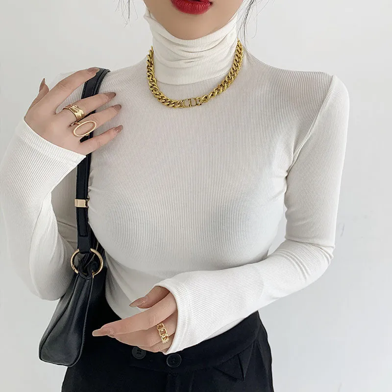 DressBetty - Slim Velvet Turtleneck Minimalist Tops