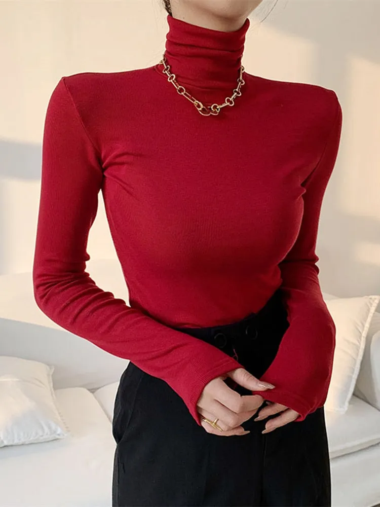 DressBetty - Slim Velvet Turtleneck Minimalist Tops