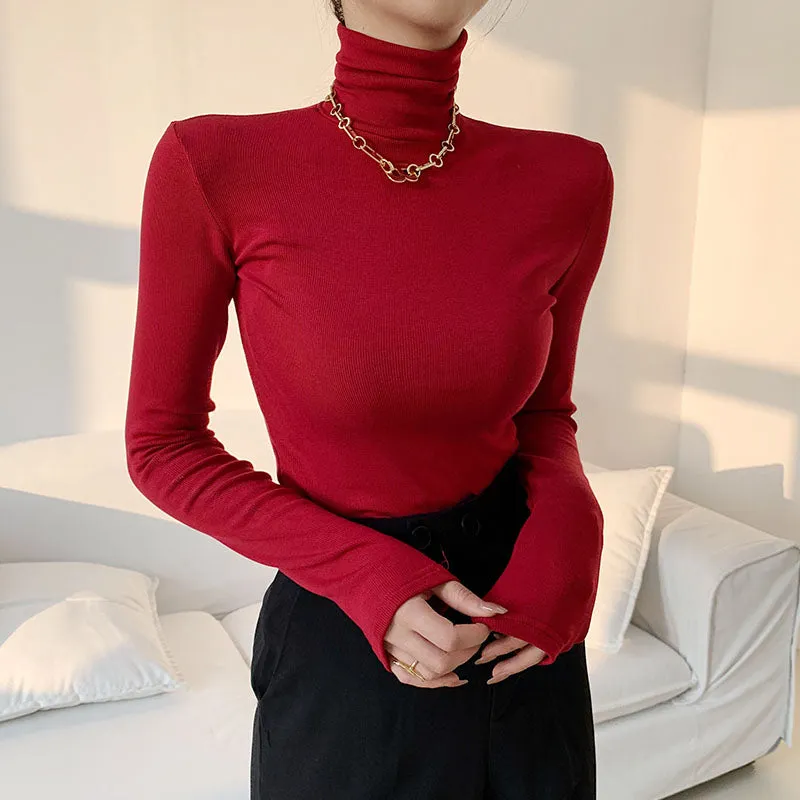 DressBetty - Slim Velvet Turtleneck Minimalist Tops