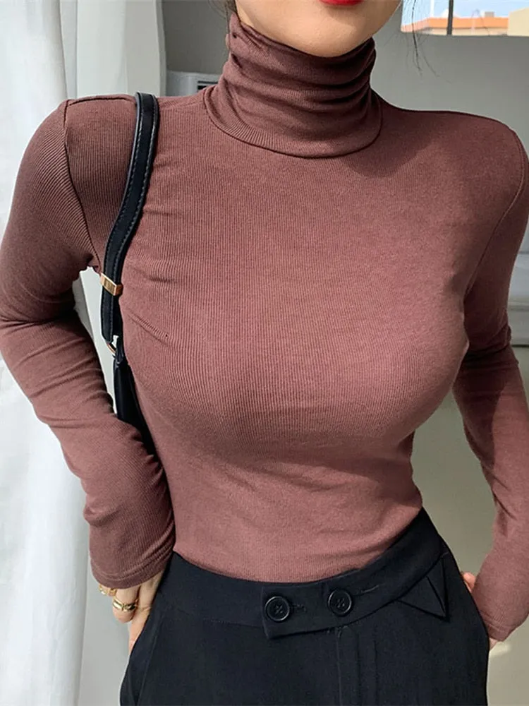 DressBetty - Slim Velvet Turtleneck Minimalist Tops