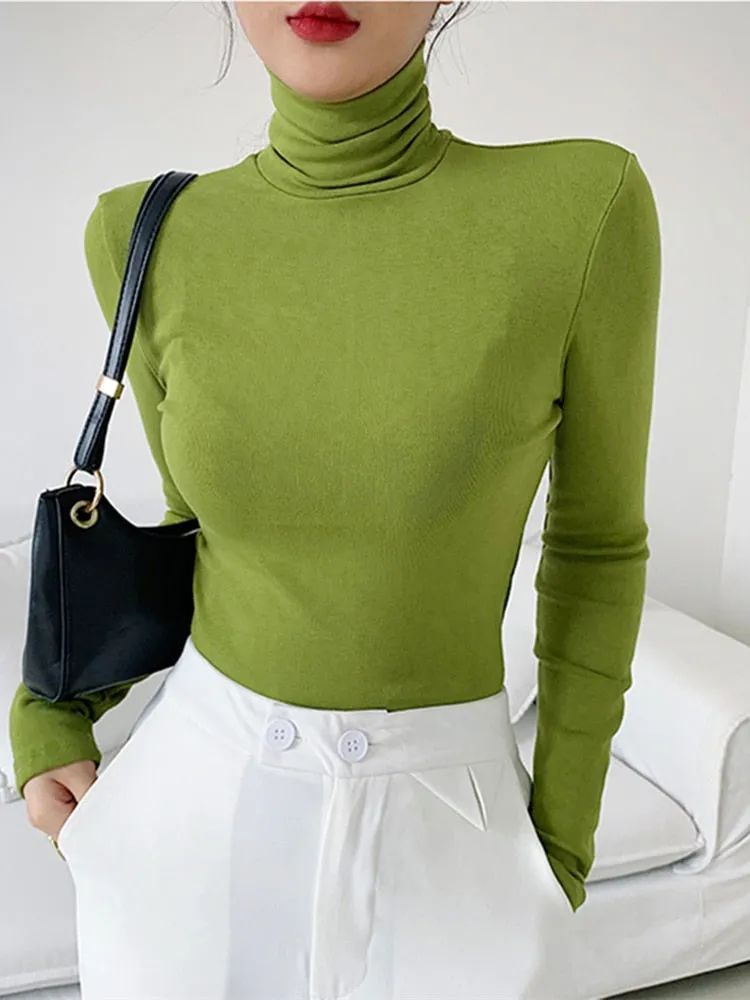 DressBetty - Slim Velvet Turtleneck Minimalist Tops