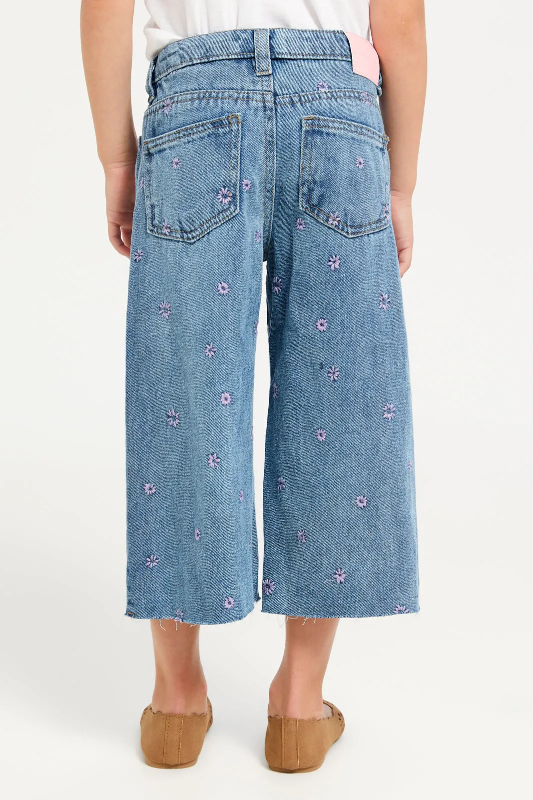 Girls Blue Floral Embroidery Denim Jeans