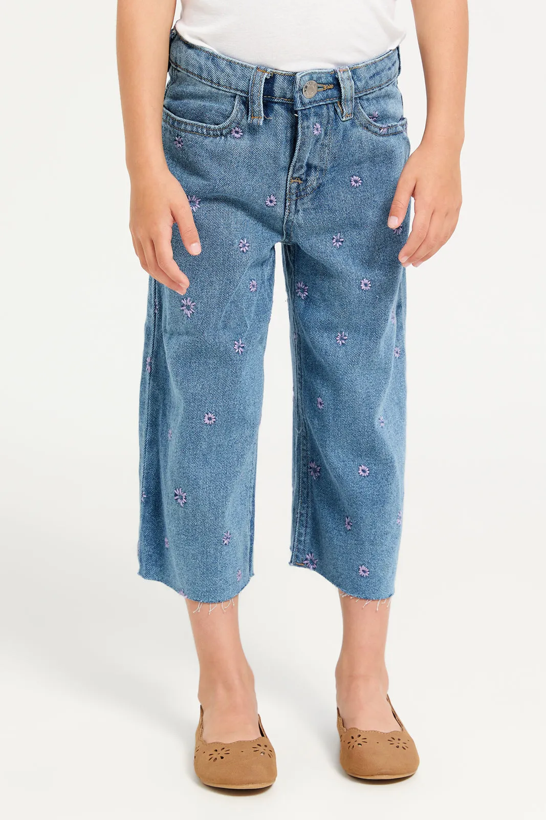 Girls Blue Floral Embroidery Denim Jeans