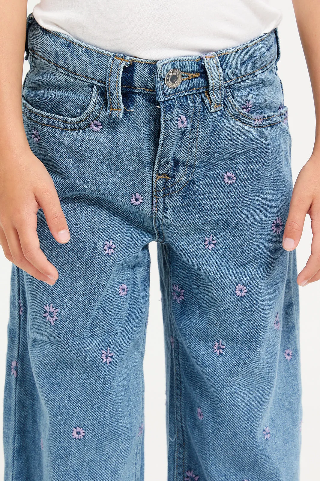 Girls Blue Floral Embroidery Denim Jeans