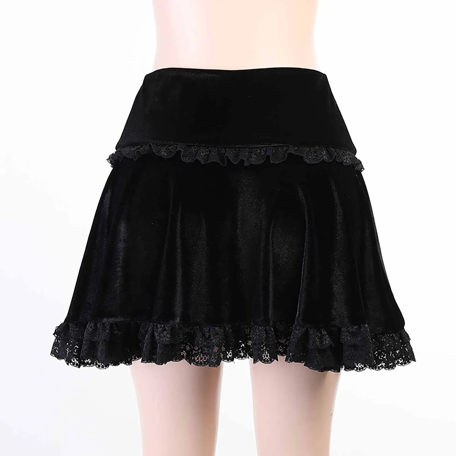 High Waist Lace Trim Punk Lolita Black Vintage A Line Mini Gothic Grunge Ruffle Summer Women Y2K Skirt