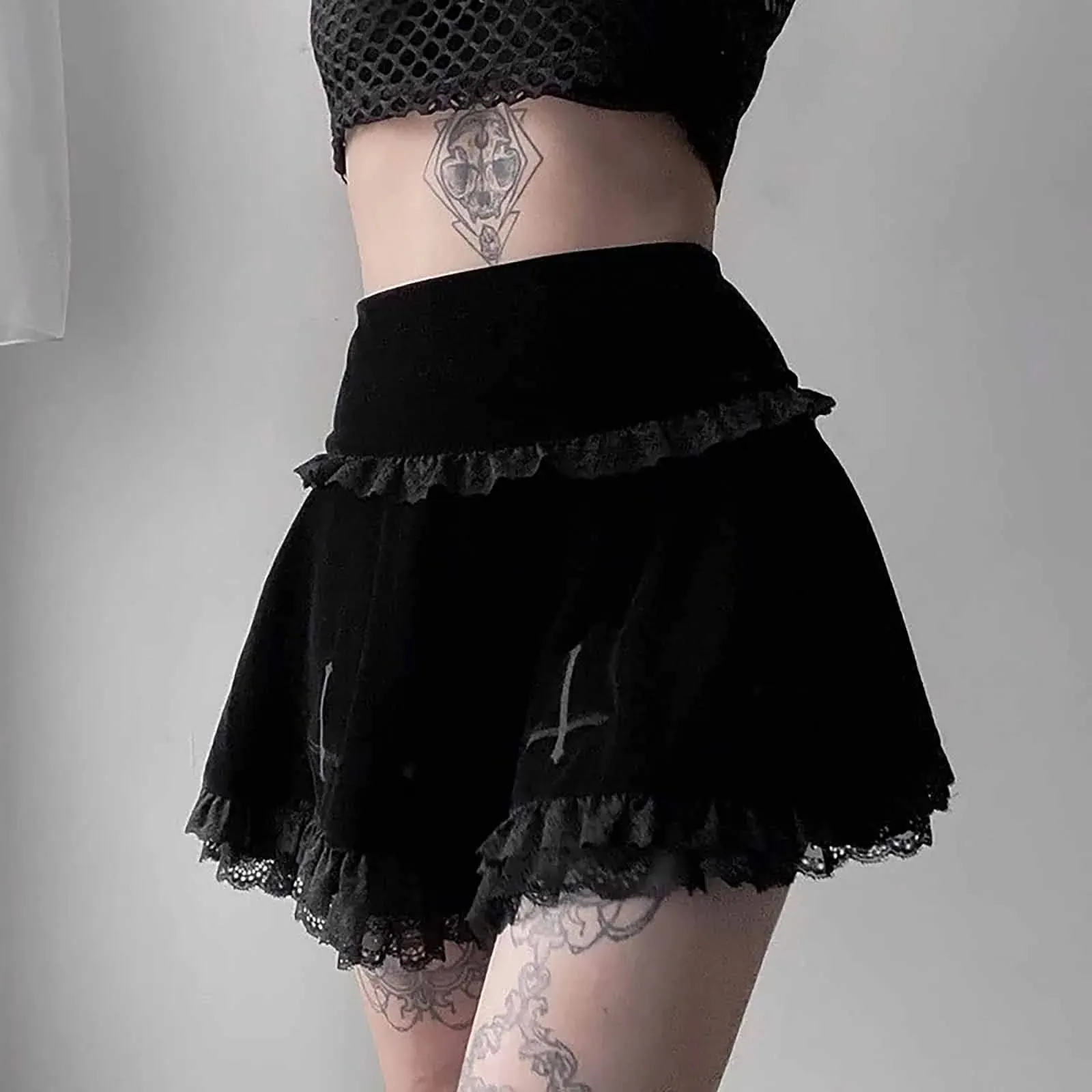 High Waist Lace Trim Punk Lolita Black Vintage A Line Mini Gothic Grunge Ruffle Summer Women Y2K Skirt