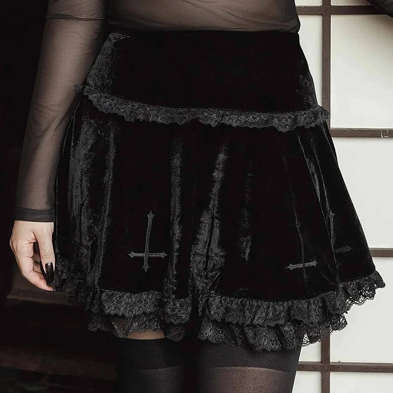 High Waist Lace Trim Punk Lolita Black Vintage A Line Mini Gothic Grunge Ruffle Summer Women Y2K Skirt