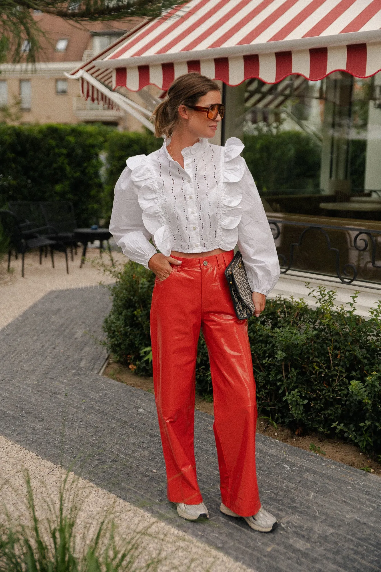 Leather pants with jeans look cherry tomato