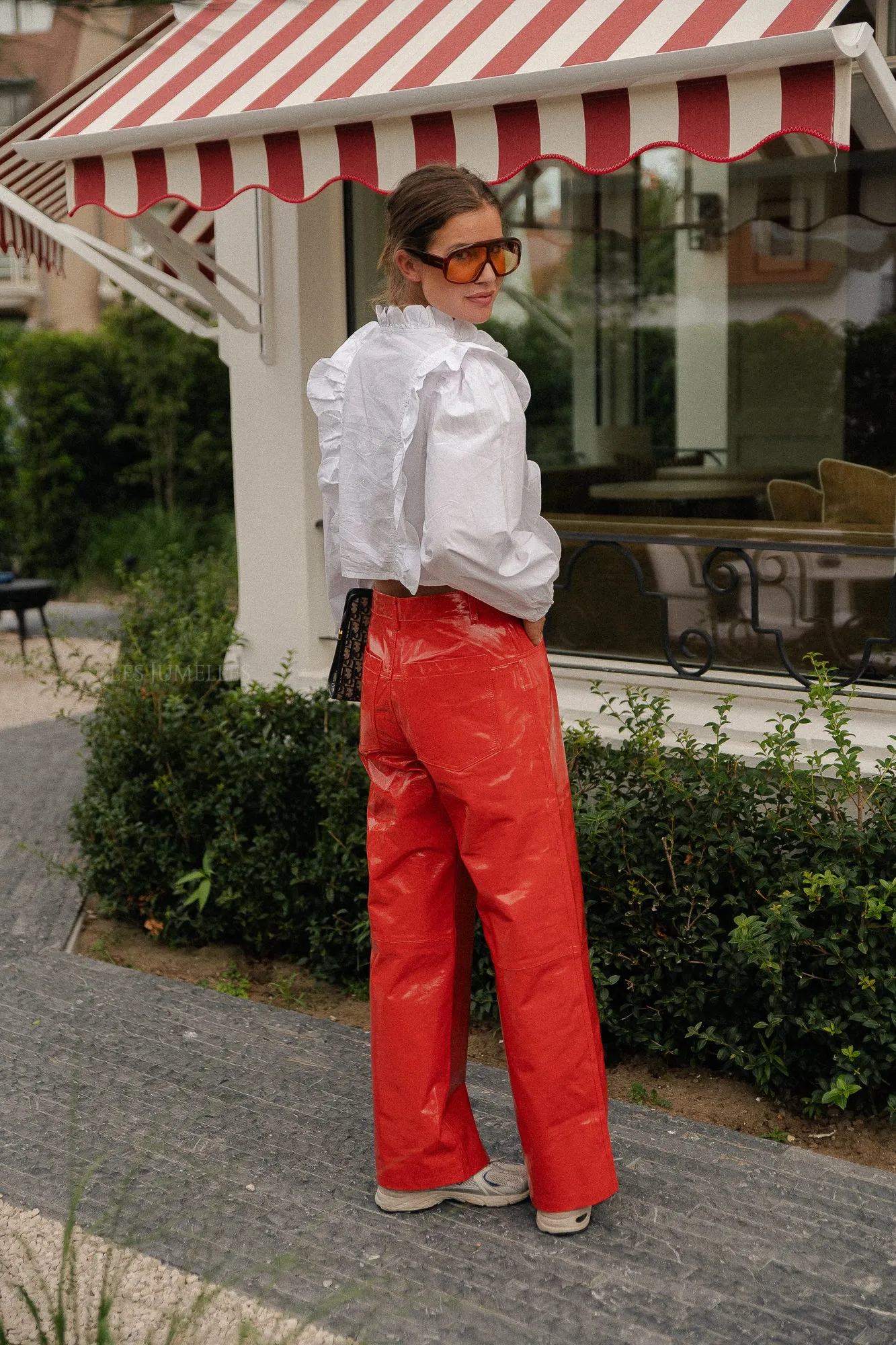 Leather pants with jeans look cherry tomato