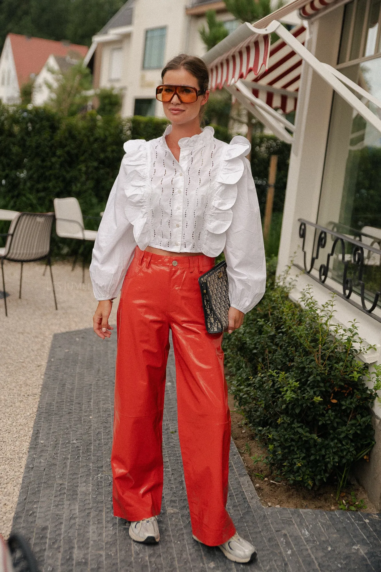 Leather pants with jeans look cherry tomato