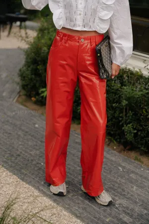 Leather pants with jeans look cherry tomato