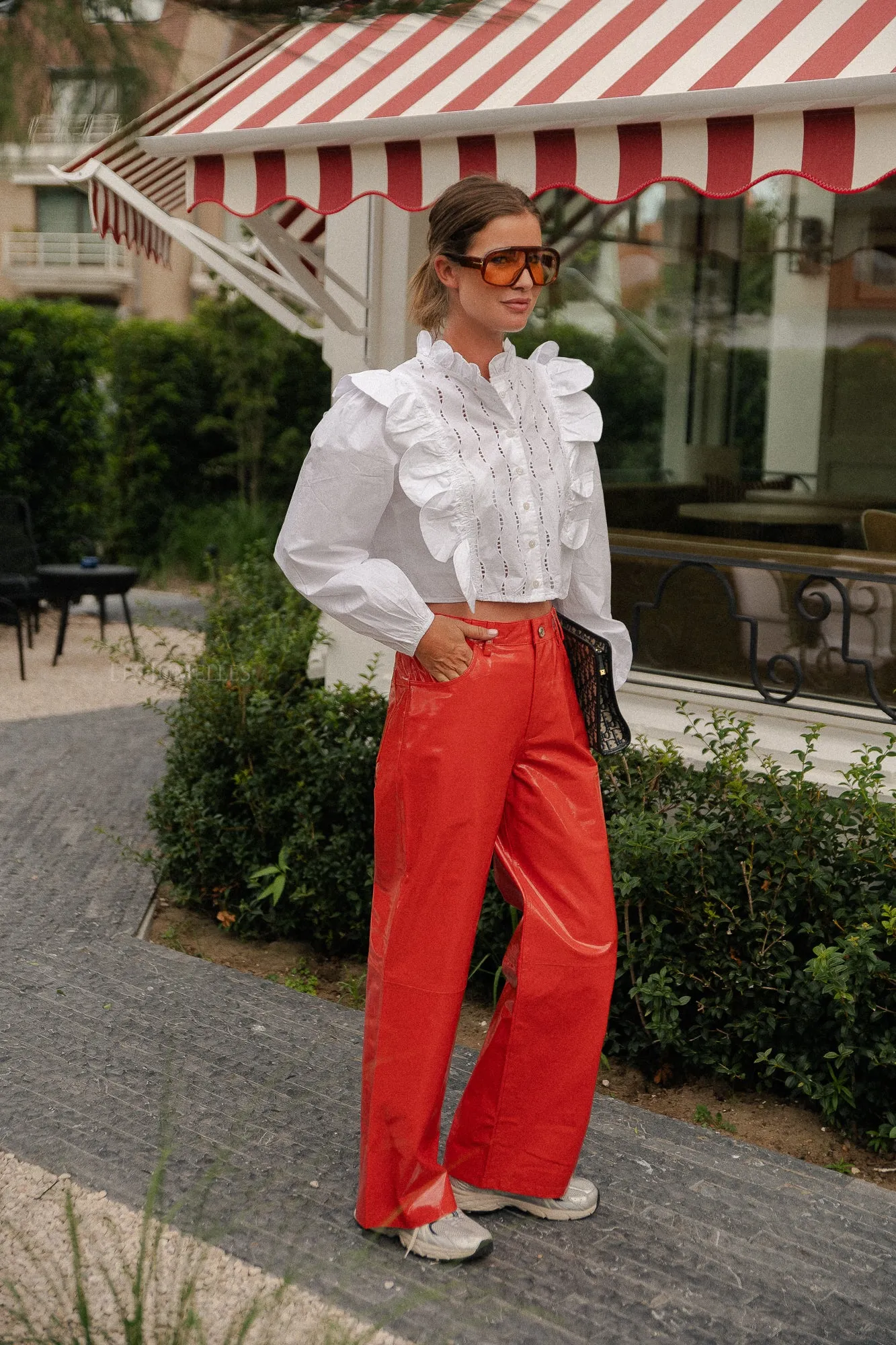 Leather pants with jeans look cherry tomato