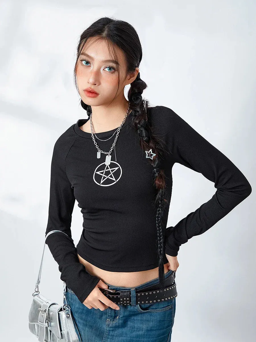 Long Sleeve Star Print Aesthetic Teen Girls Slim Fit Y2K T-shirt