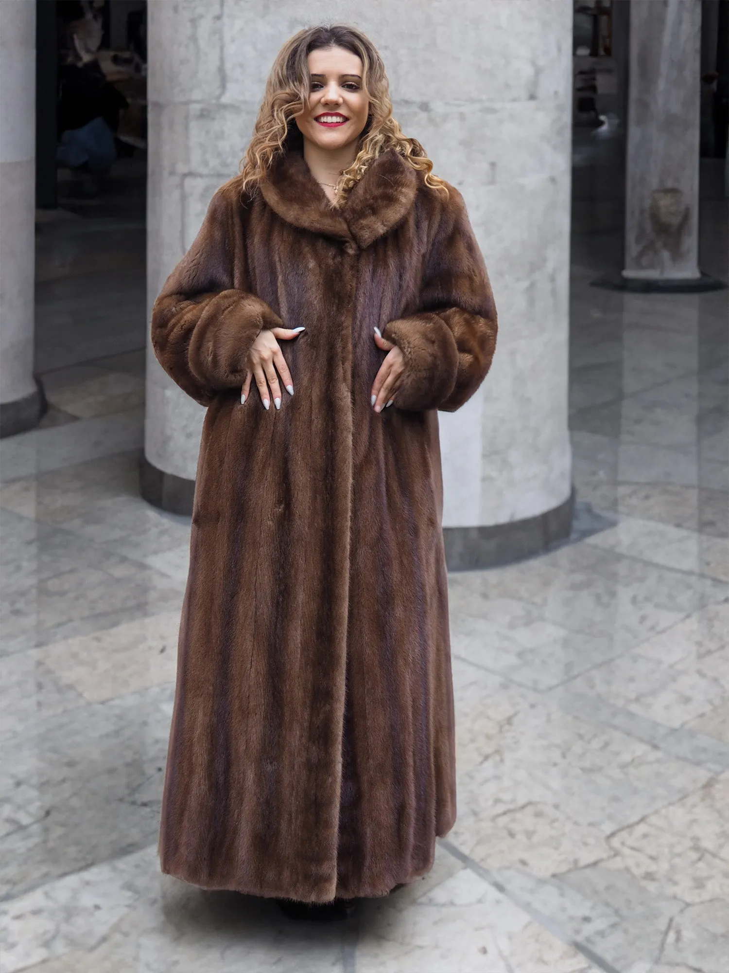 Luxurious Brown Demi Buff Canadian Mink Fur Coat 80" Sweep L