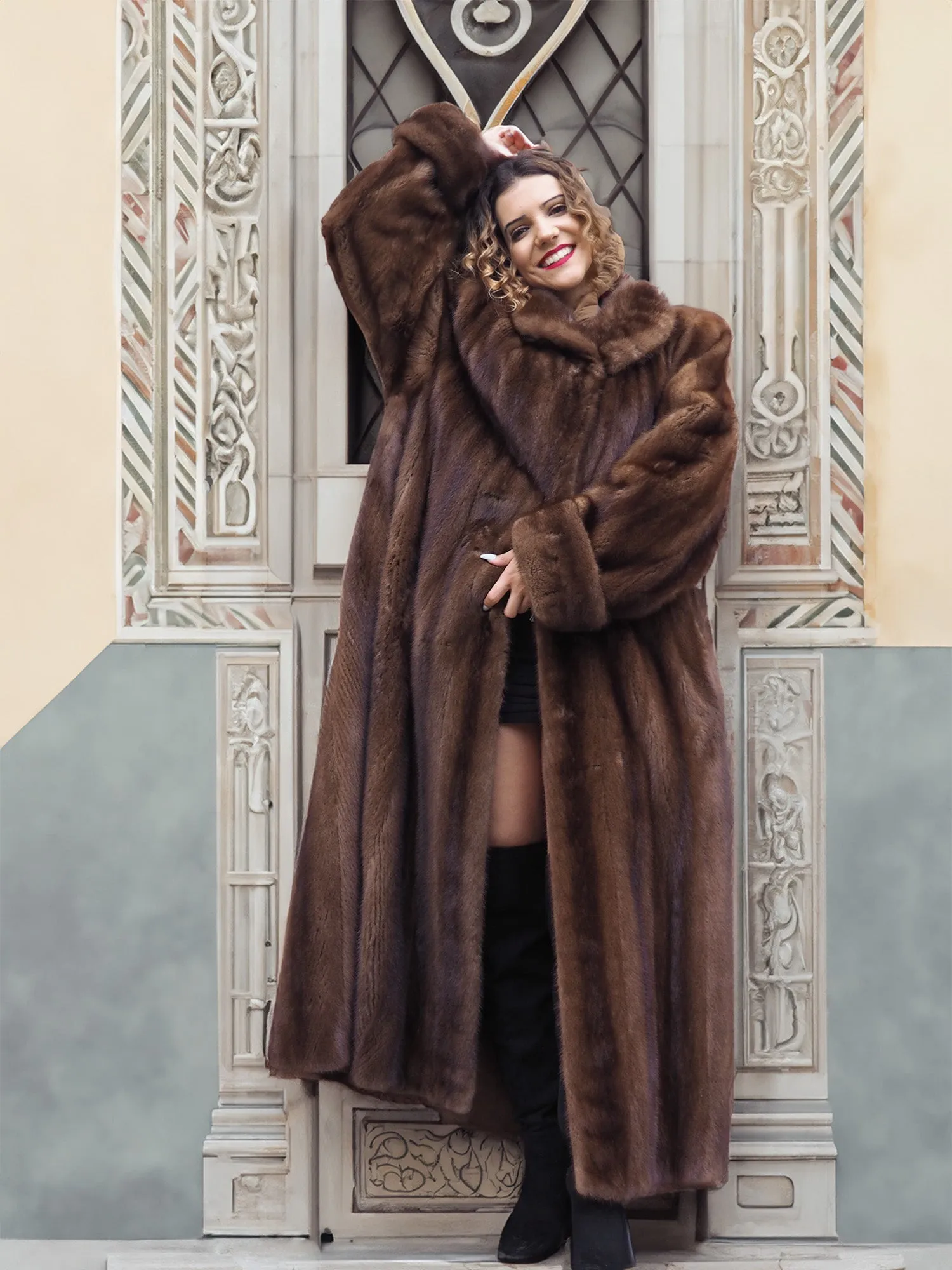 Luxurious Brown Demi Buff Canadian Mink Fur Coat 80" Sweep L