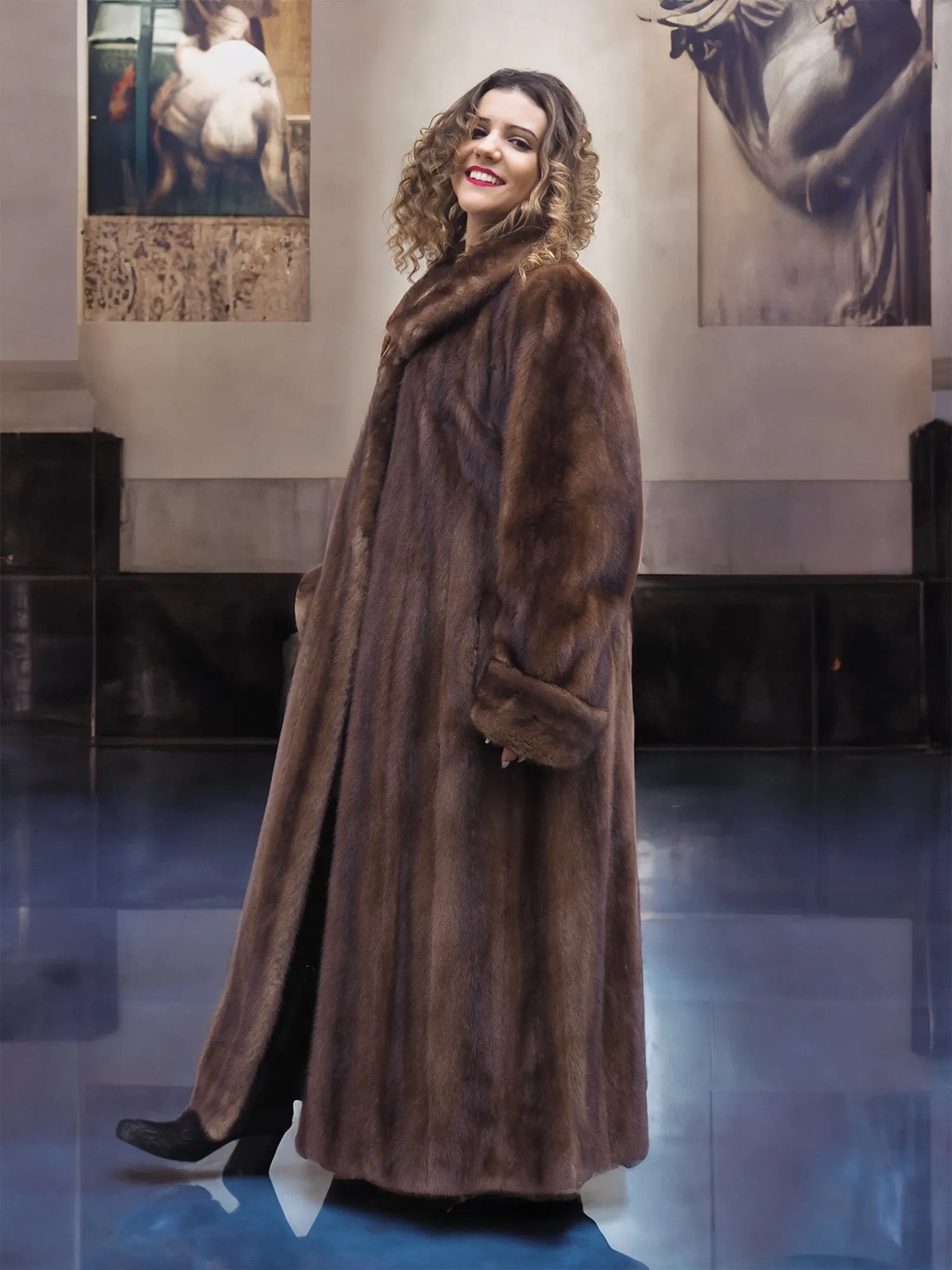 Luxurious Brown Demi Buff Canadian Mink Fur Coat 80" Sweep L