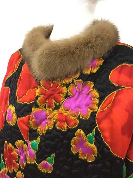 Maximilian Quilted Floral Silk Coat with Mink Trim