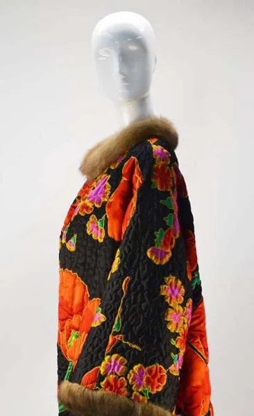 Maximilian Quilted Floral Silk Coat with Mink Trim