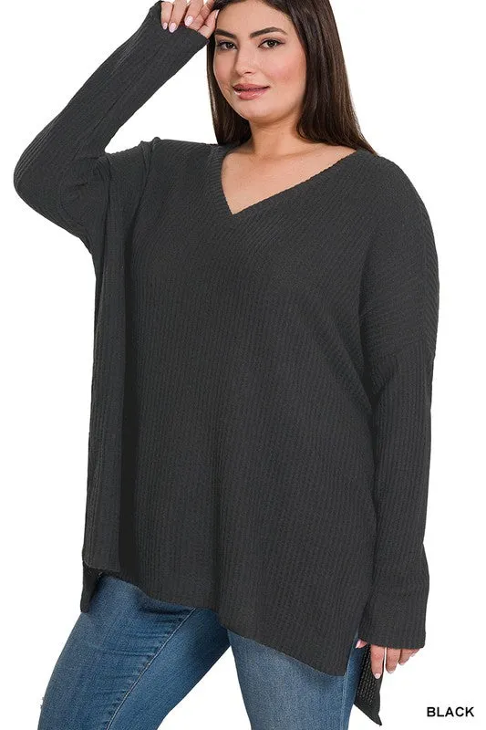 Plus Brushed Thermal Waffle V-Neck Sweater