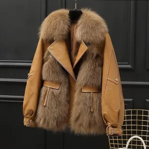 Pre Order:  Faux Fox Fur Belted Cuff Leather Jacket