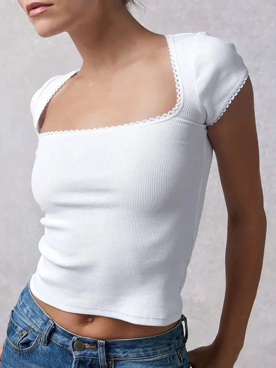 Slim Crop Lace Trim Short Sleeve Square Neck Summer T-shirt