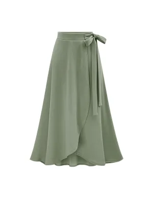 Solid Ruffle Hem Elegant High Waist Tied Midi Skirts