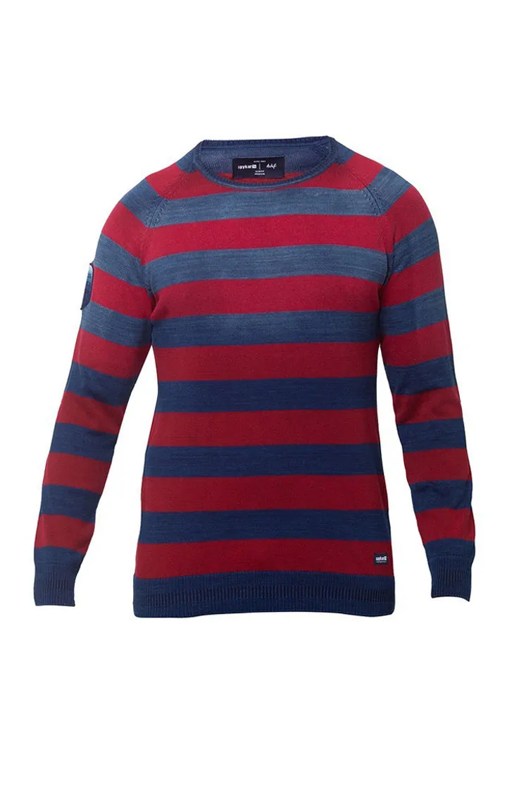 Spykar Men Blue & Pink Round Neck Full Sleeve Sweater