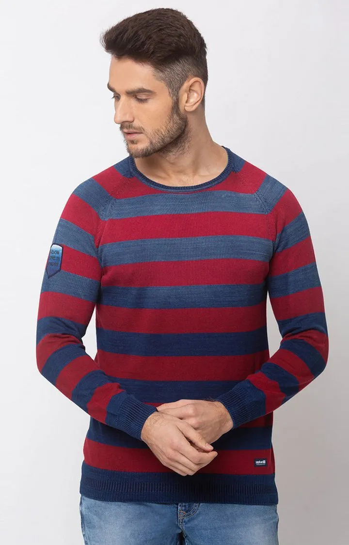 Spykar Men Blue & Pink Round Neck Full Sleeve Sweater