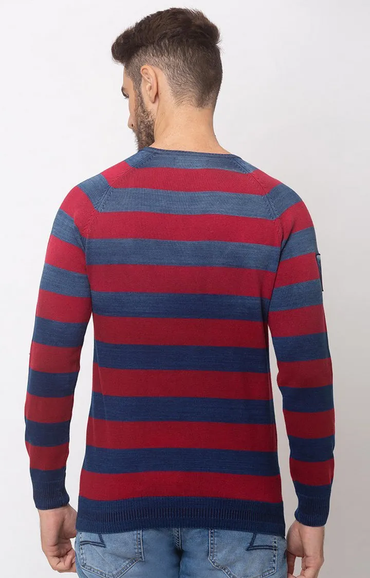 Spykar Men Blue & Pink Round Neck Full Sleeve Sweater